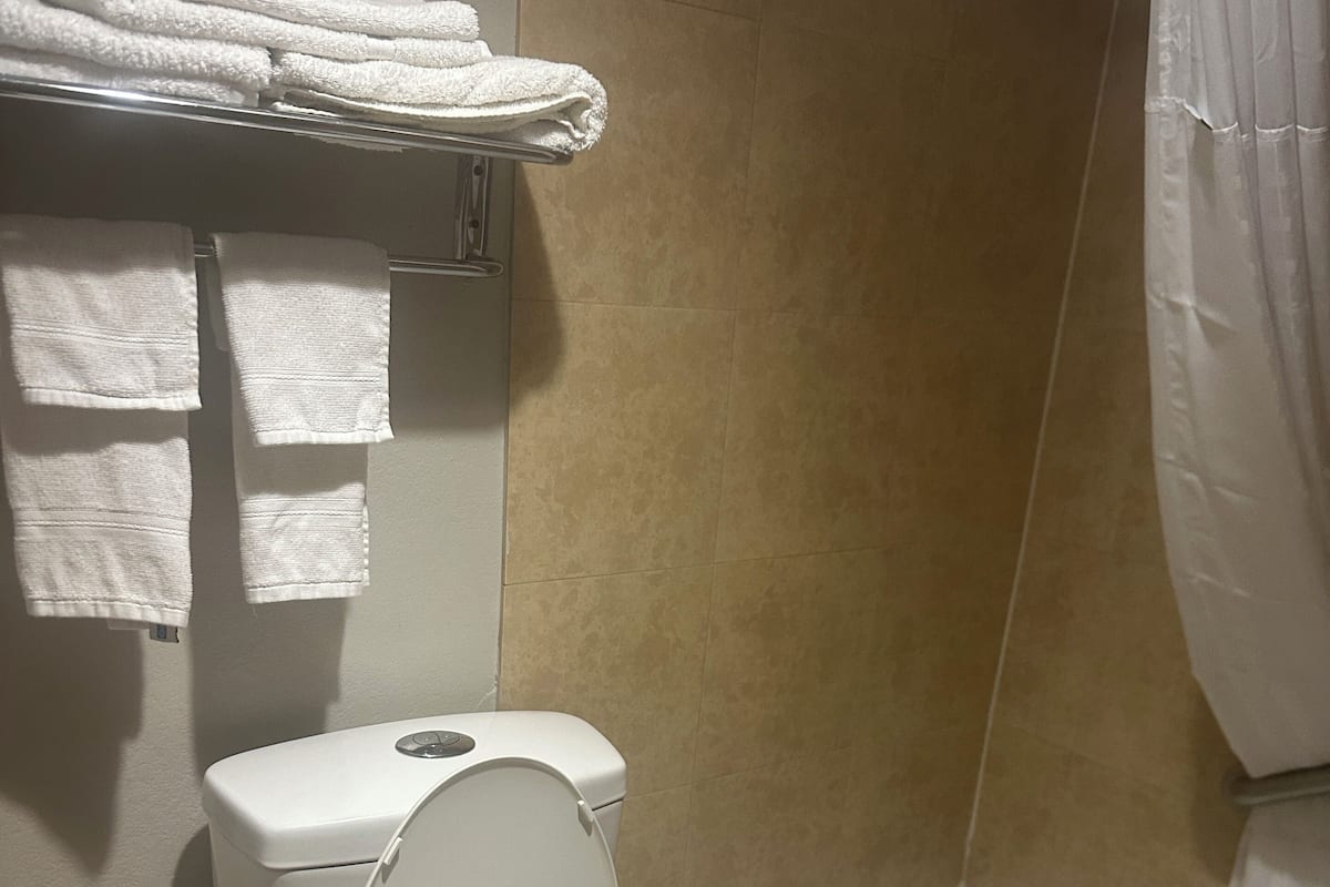 Chambre double, 2 lits doubles | Salle de bain | Ensemble baignoire-douche, séchoir à cheveux, serviettes fournies