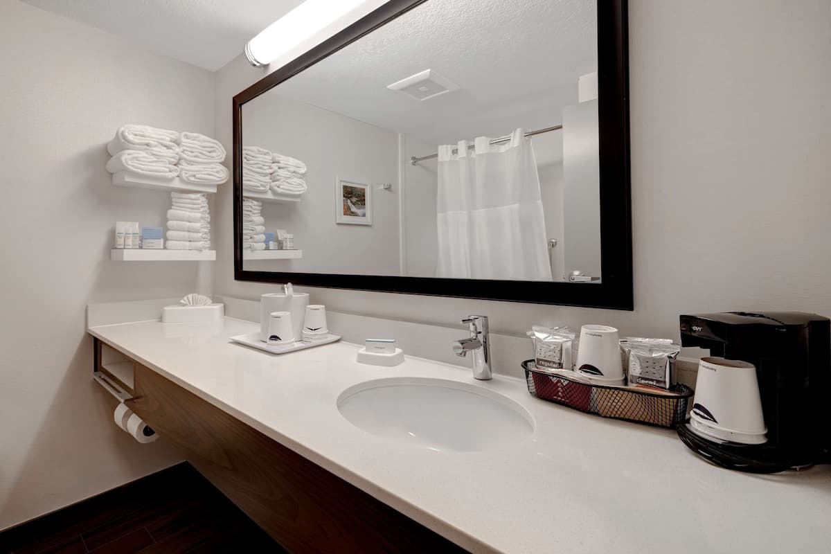 Combined shower/tub, free toiletries, hair dryer, towels