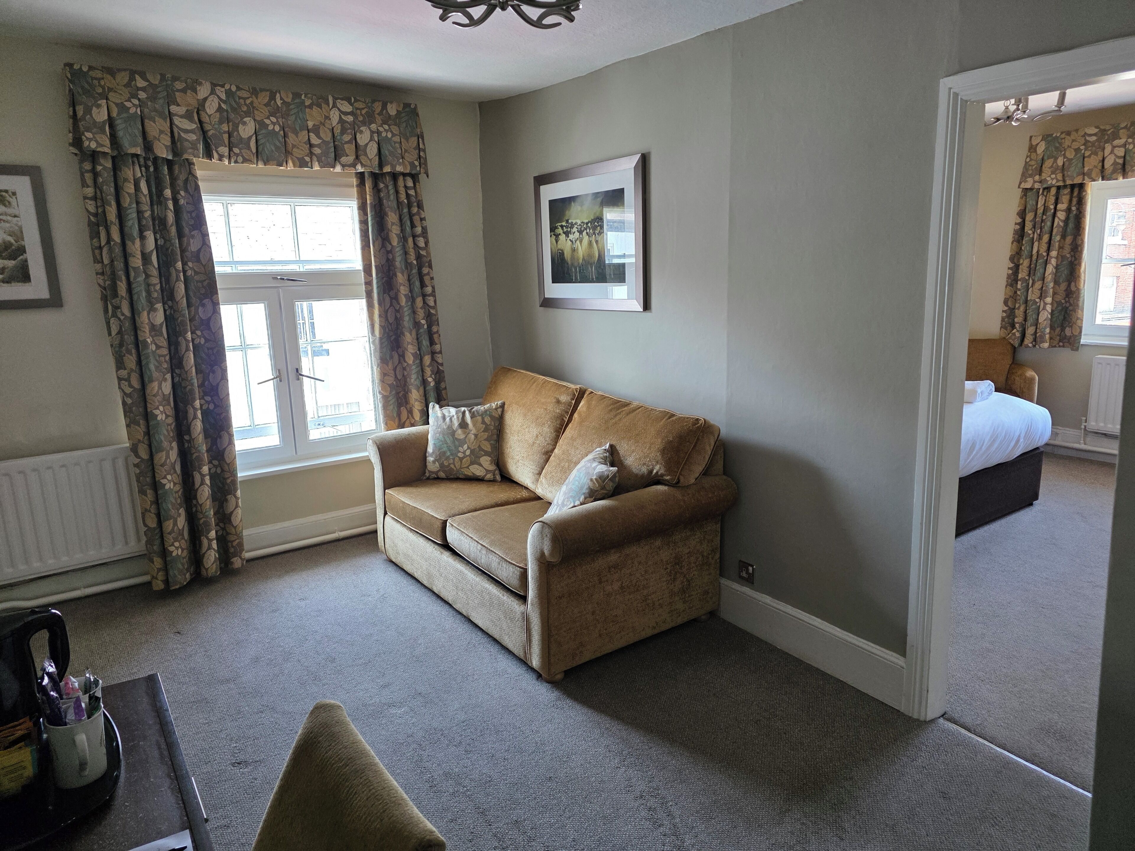 A room with a sofa, a radiator, a window with curtains, a framed picture on the wall, and a door leading to another room.