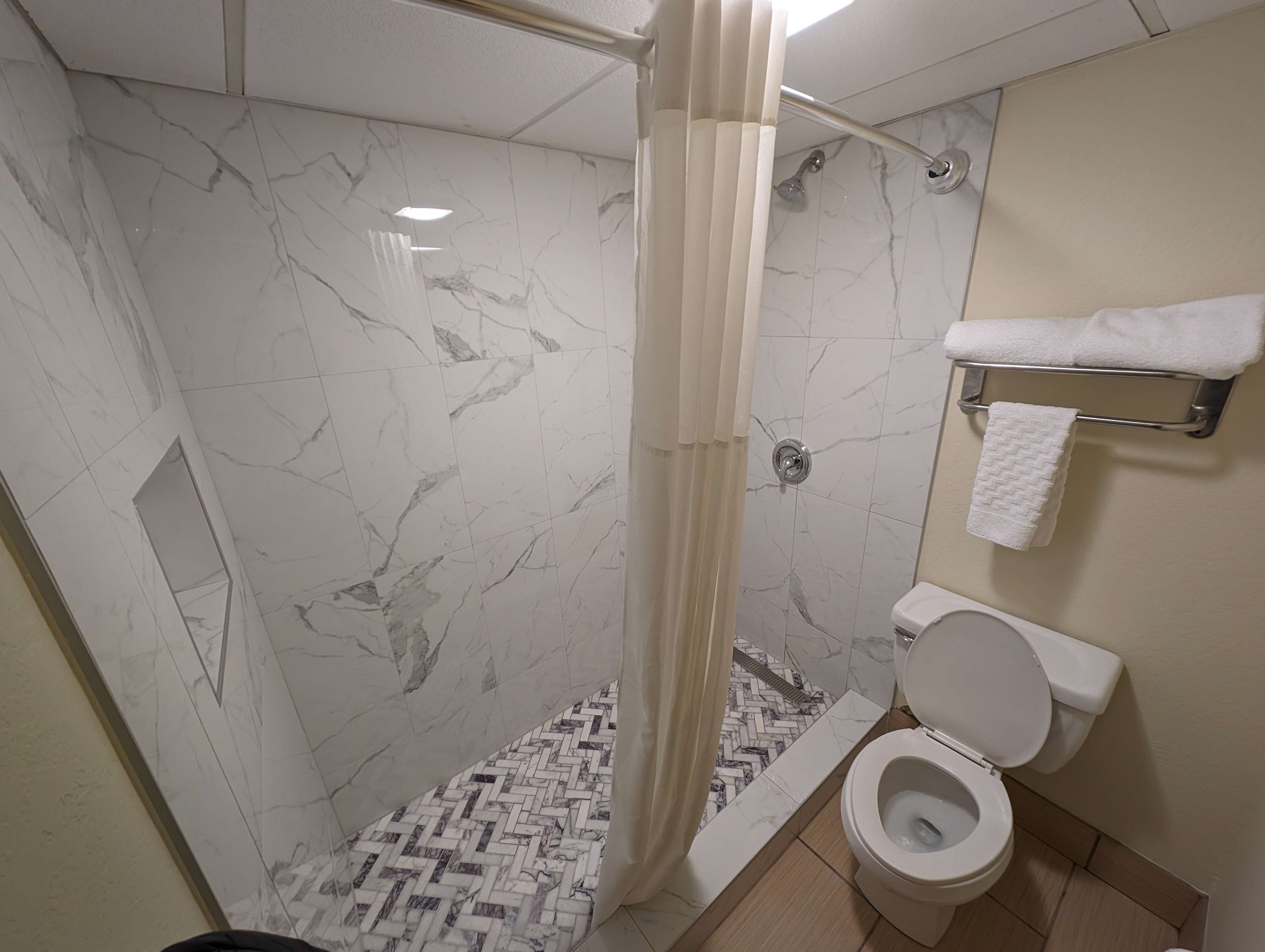 A bathroom with a shower, toilet, and towel rack.