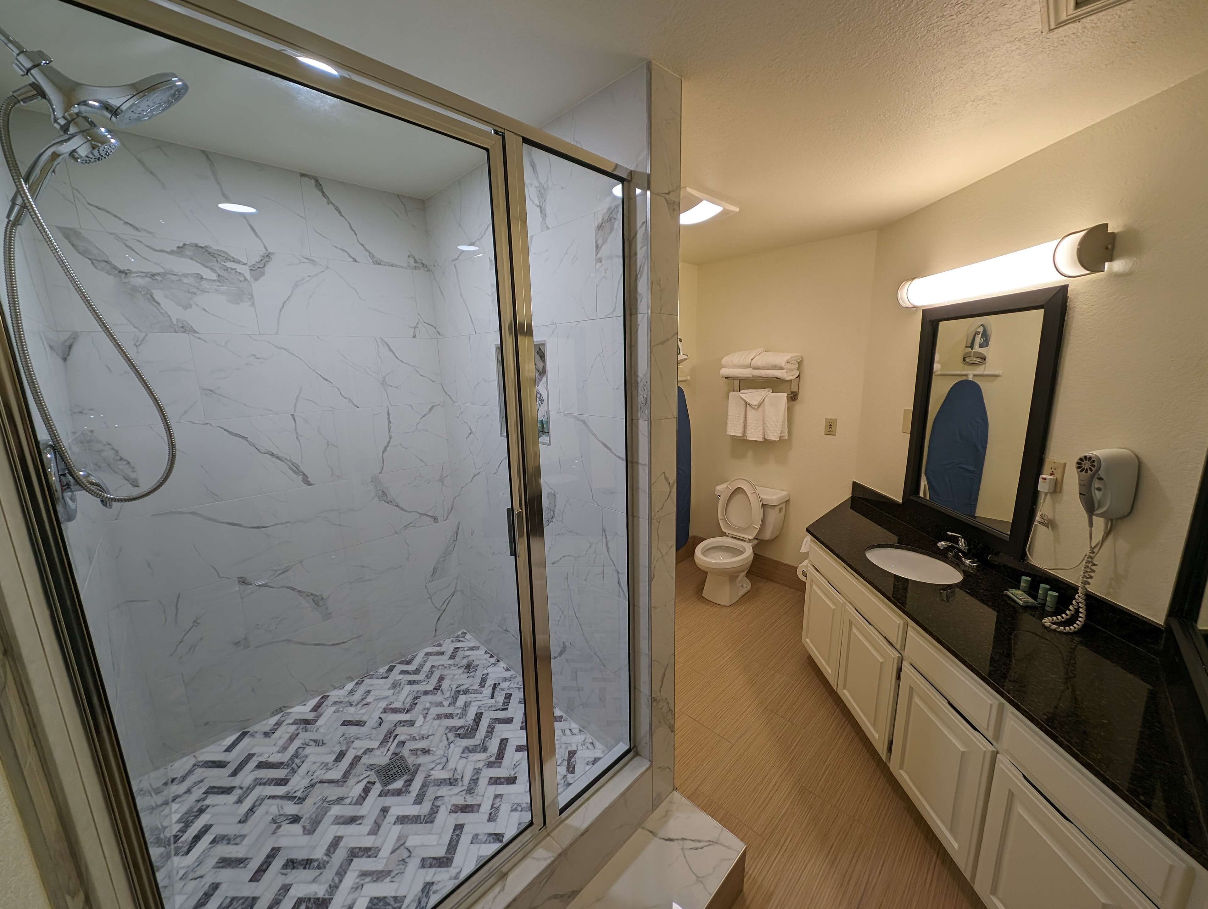 A modern bathroom with a glass-enclosed shower, a toilet, and a sink with a mirror.
