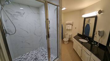 A modern bathroom with a glass-enclosed shower, a toilet, and a sink with a mirror.