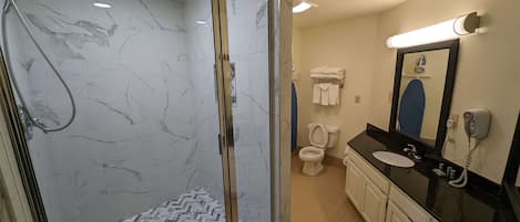 A modern bathroom with a glass-enclosed shower, a toilet, and a sink with a mirror.