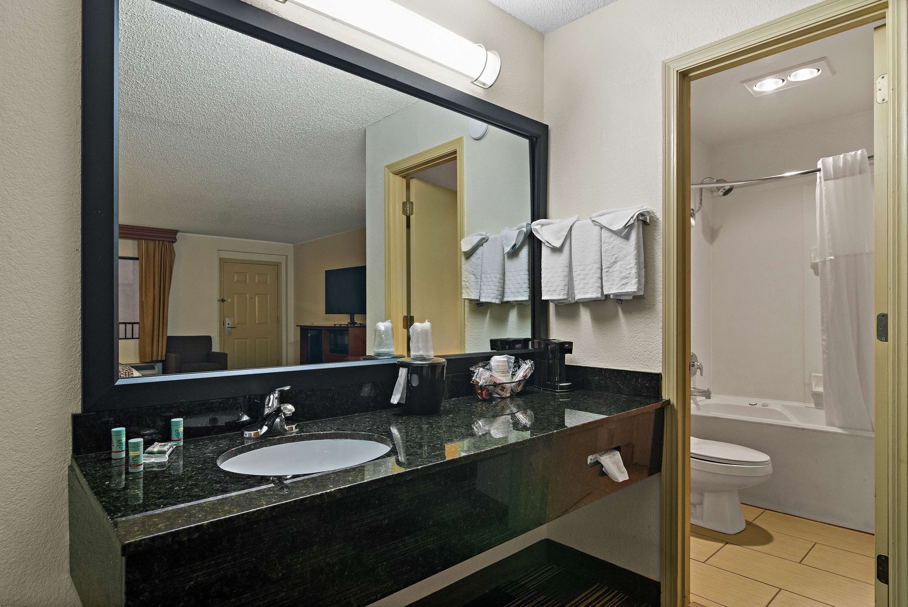 Une salle de bain d’hôtel avec un lavabo, un miroir et des toilettes.