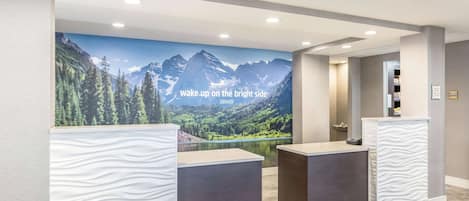 A reception area with a mountain landscape mural, a reception desk, and a waiting area.