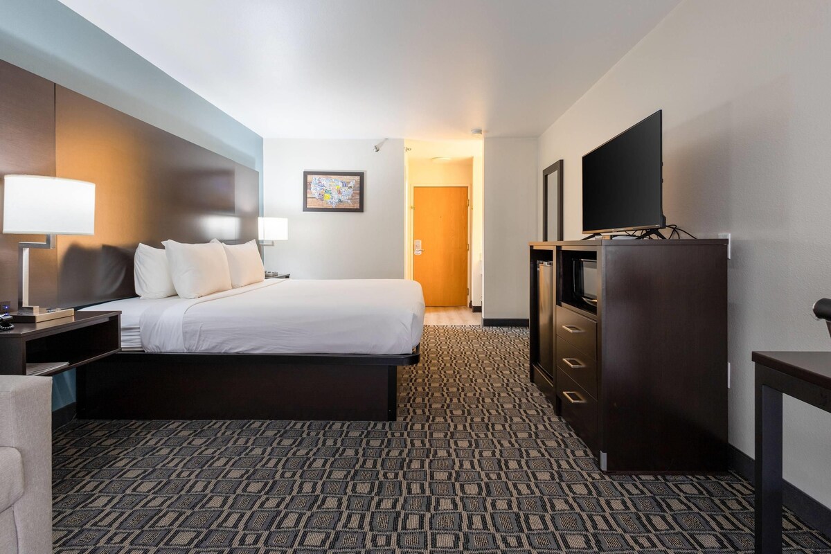 A hotel room with a bed, a desk with a lamp, a television, and a carpeted floor.