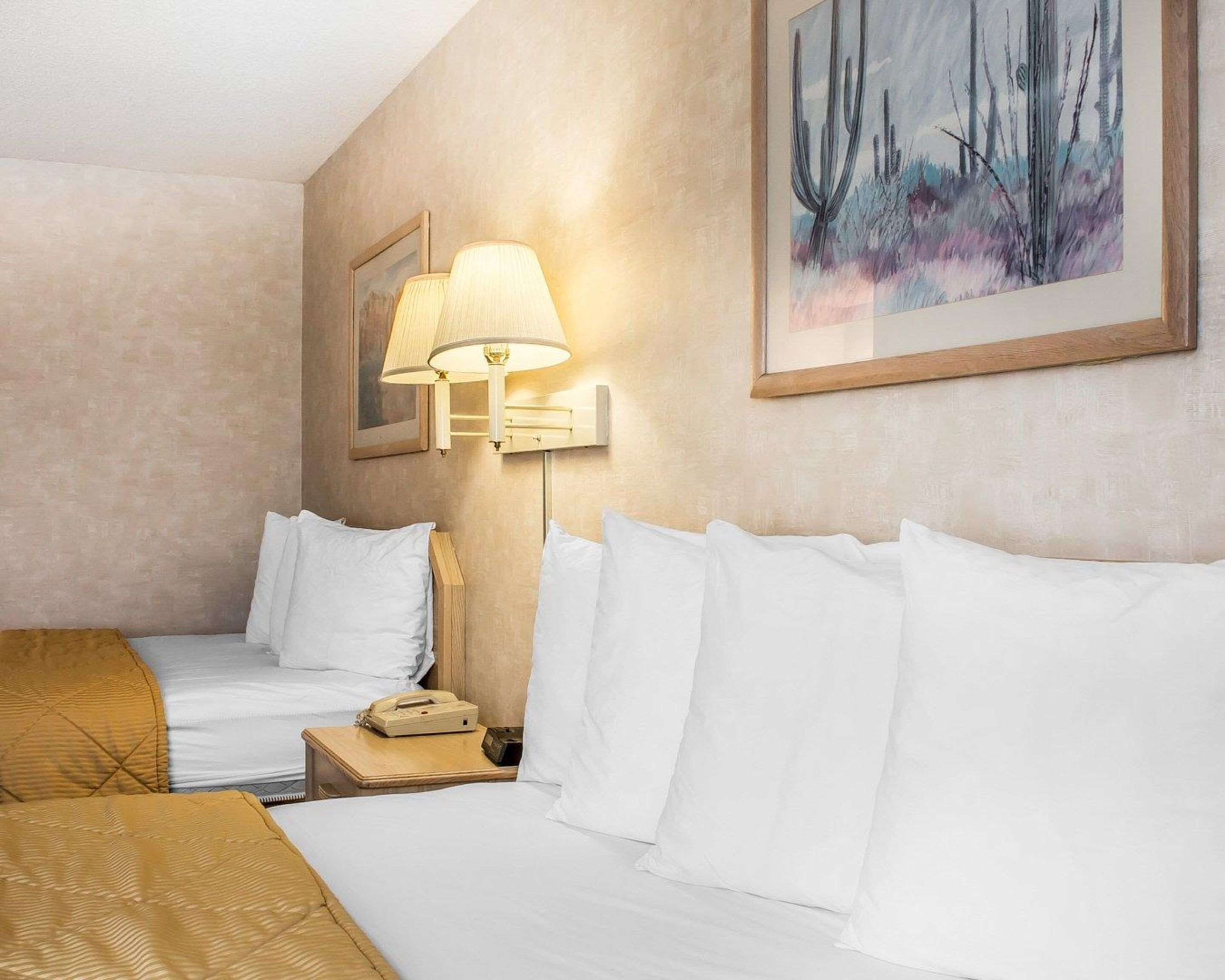 Et hotelværelse med to senge, en sengebordlampe, et billede på væggen og en telefon på sengebordet.