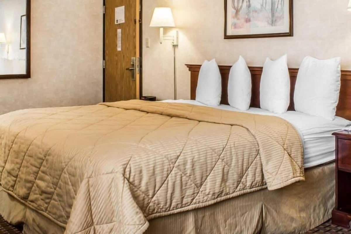 Premium bedding, pillowtop beds, laptop workspace, blackout drapes