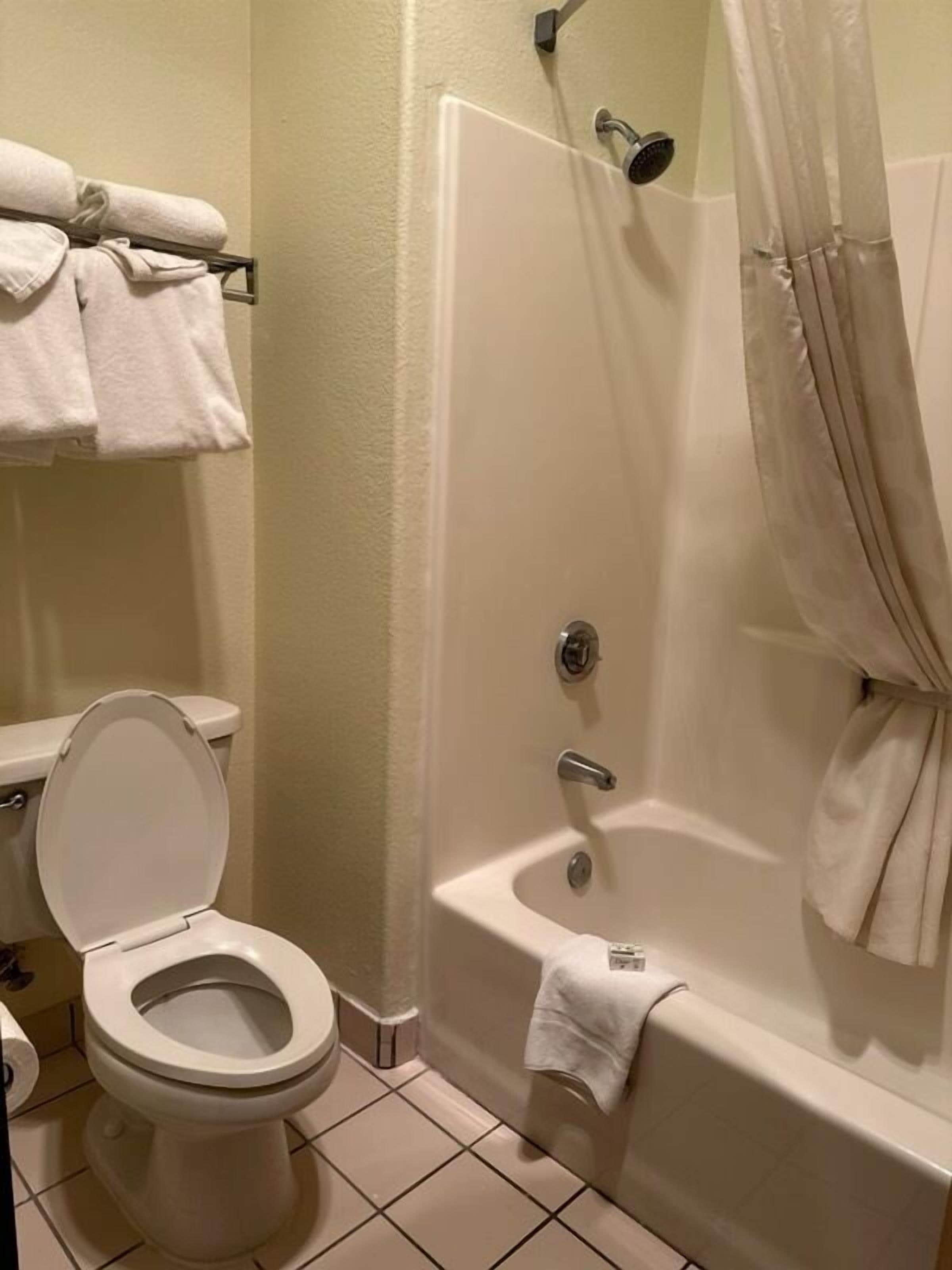 Une salle de bain équipée de toilettes, d’une baignoire et d’un rideau de douche.