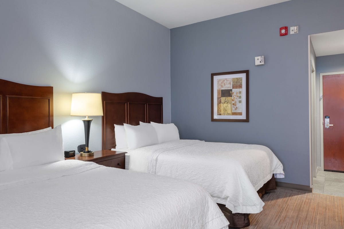 A hotel room with two beds, a nightstand with a lamp, a framed picture on the wall, and a door.
