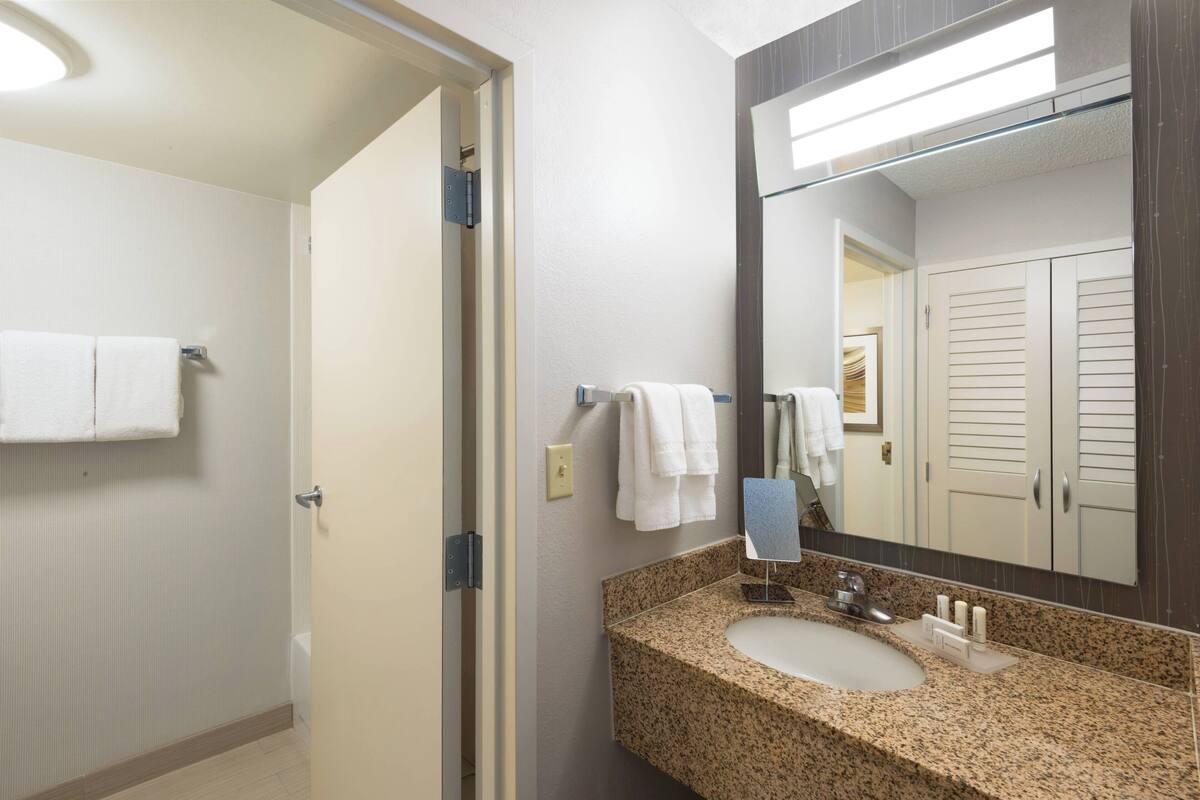 combined shower/bathtub, hair dryer, towels