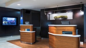 Un área de recepción con dos mostradores de madera, un televisor de pantalla plana montado y una planta en maceta en la pared.