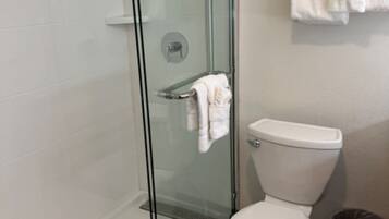 Ein Badezimmer mit einer Duschkabine, einer weißen Toilette und einem Mülleimer.