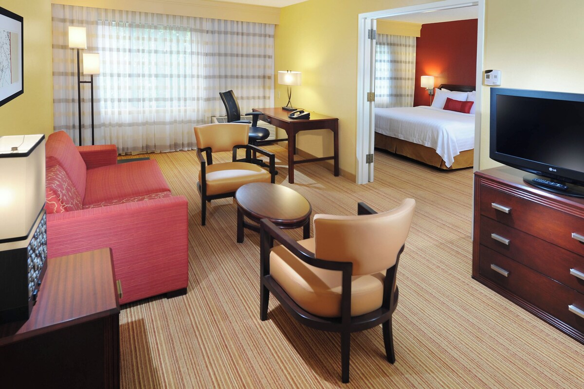 Habitación de hotel con cama, televisión, escritorio con silla, sofá y lámpara.