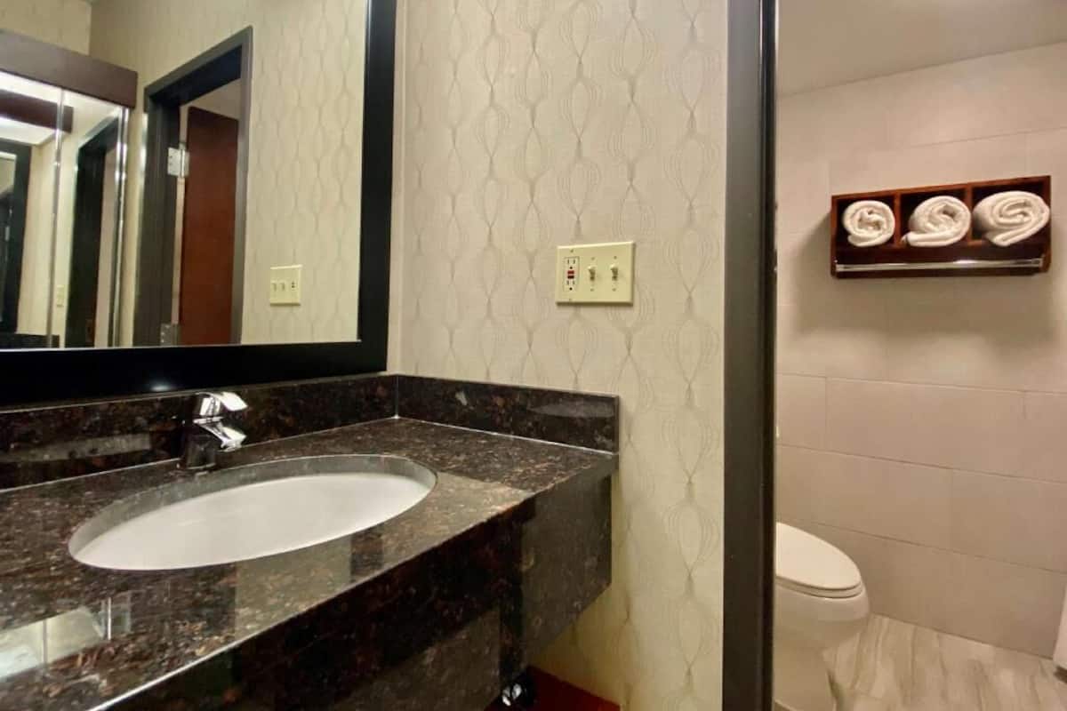 Combined shower/tub, hydromassage showerhead, free toiletries