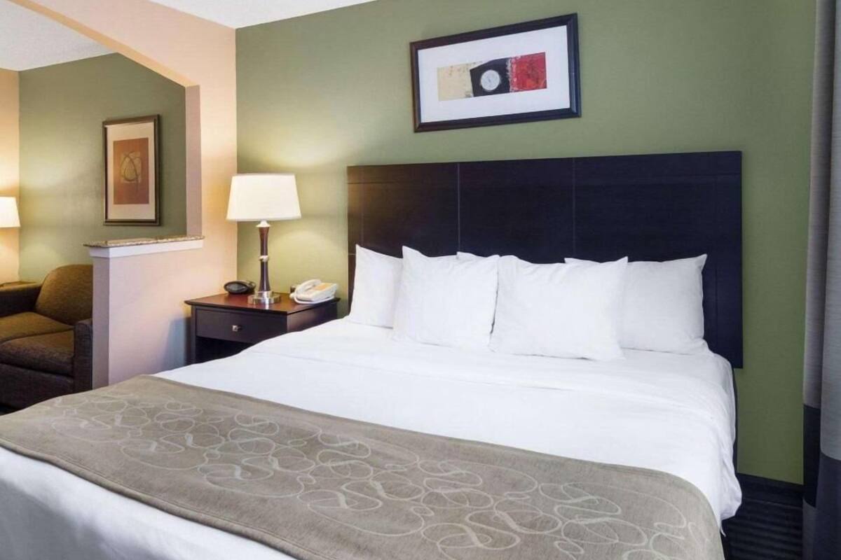 A hotel room with a large bed, a nightstand, a lamp, a chair, and a framed picture on the wall.