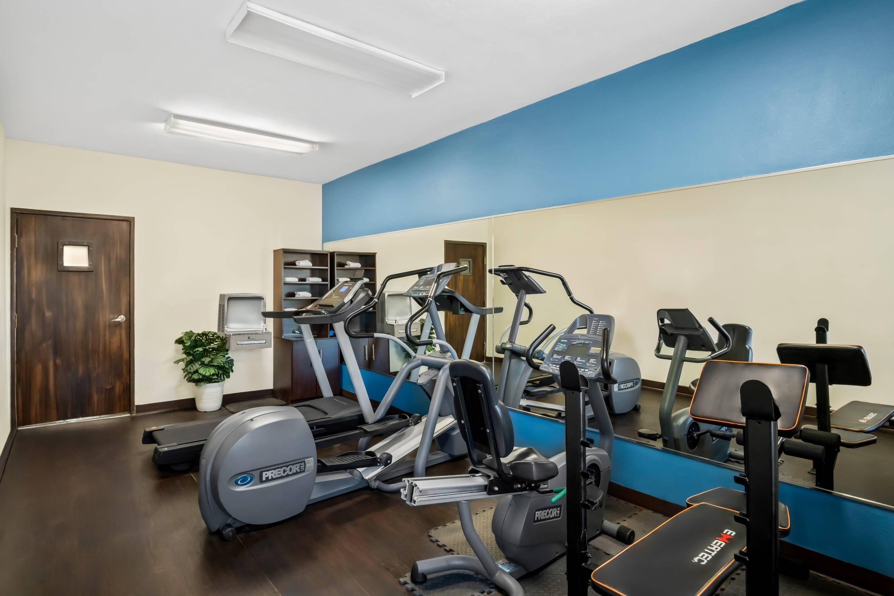 A gym with treadmills, elliptical machines, and a stationary bike.
