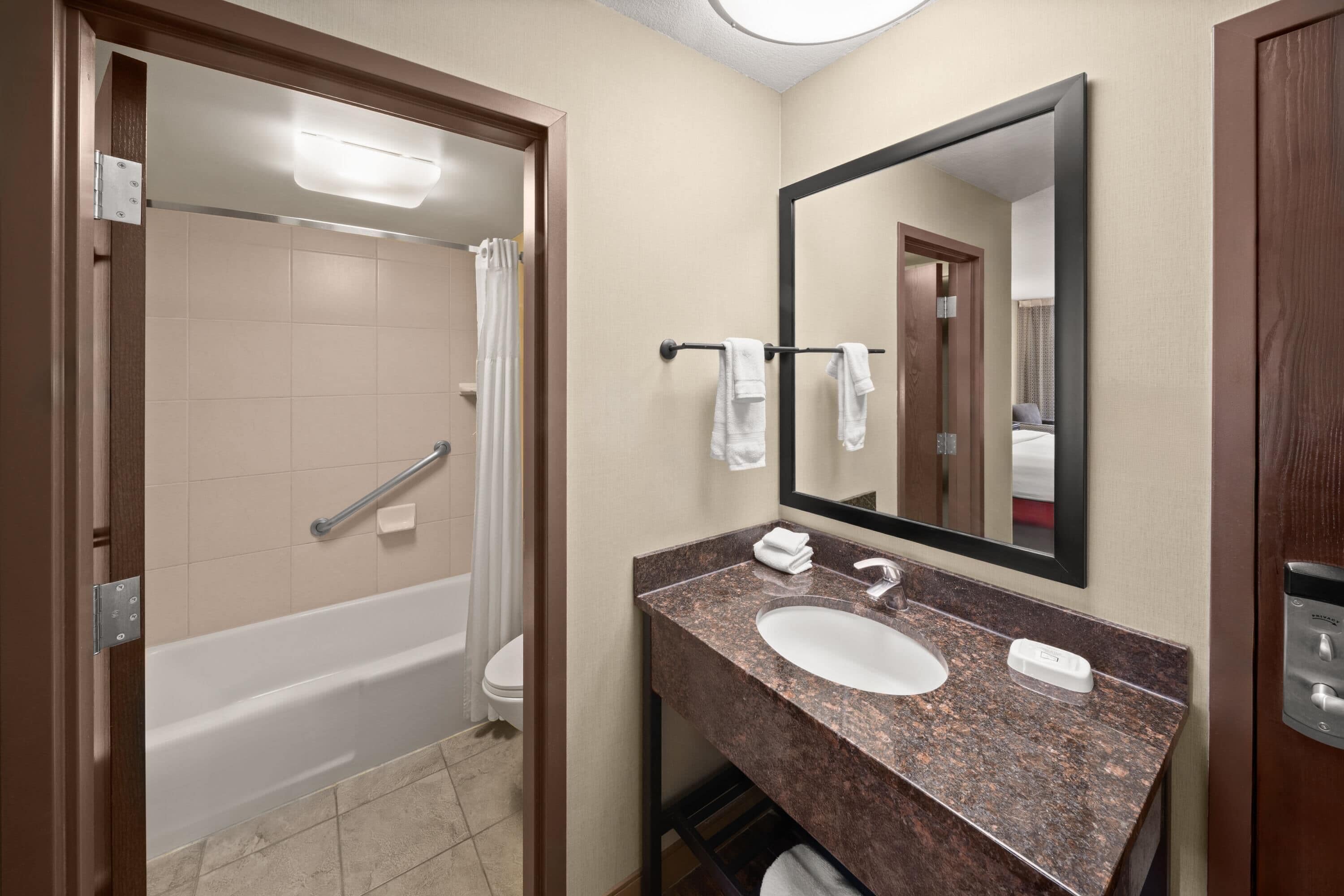 Combined shower/tub, free toiletries, hair dryer, towels