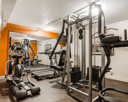 Un gimnasio con máquinas de cardio, equipo de pesas y un espejo grande.