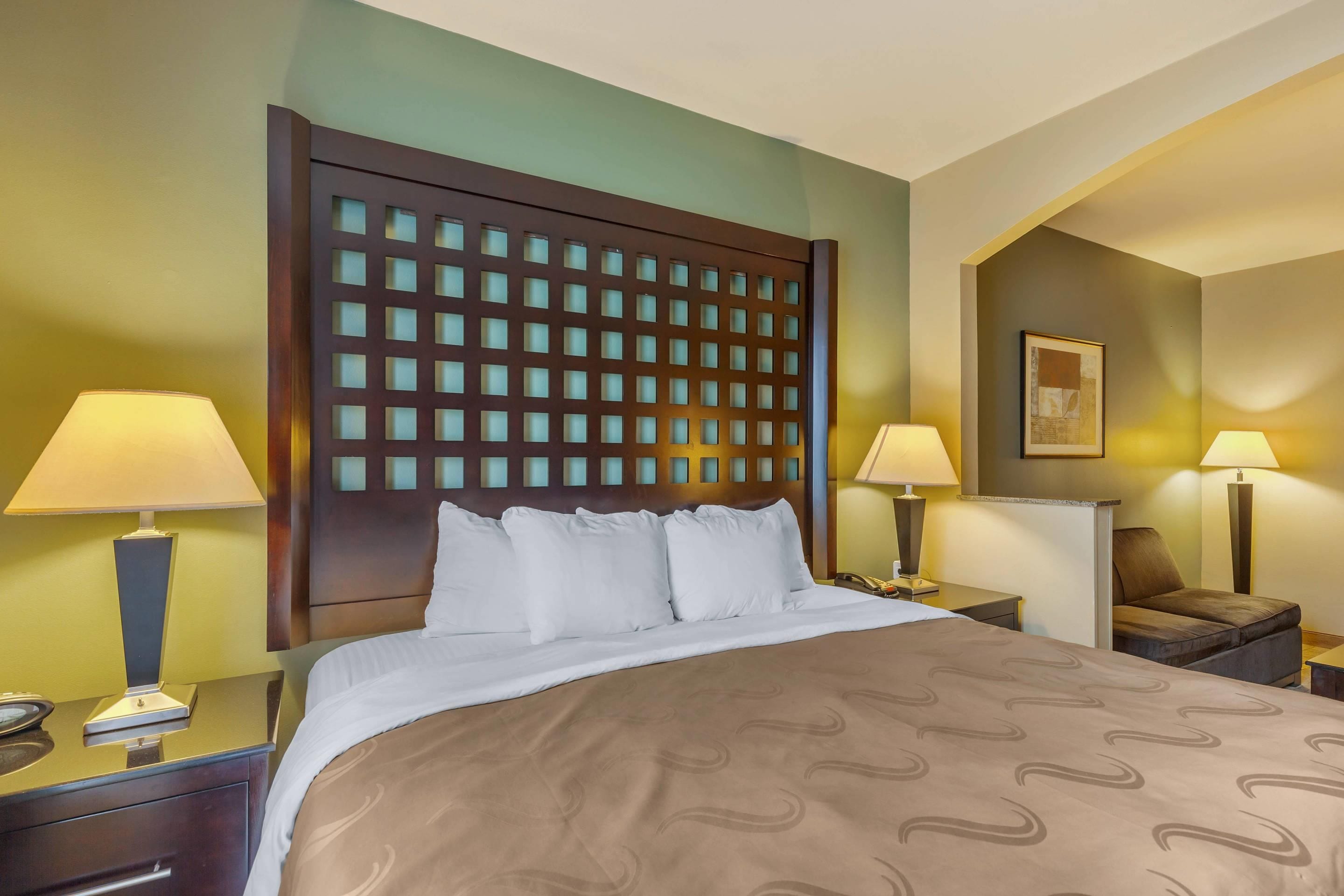 A hotel room with a large bed, two bedside tables, a nightstand, a wall-mounted lamp, and a framed picture.