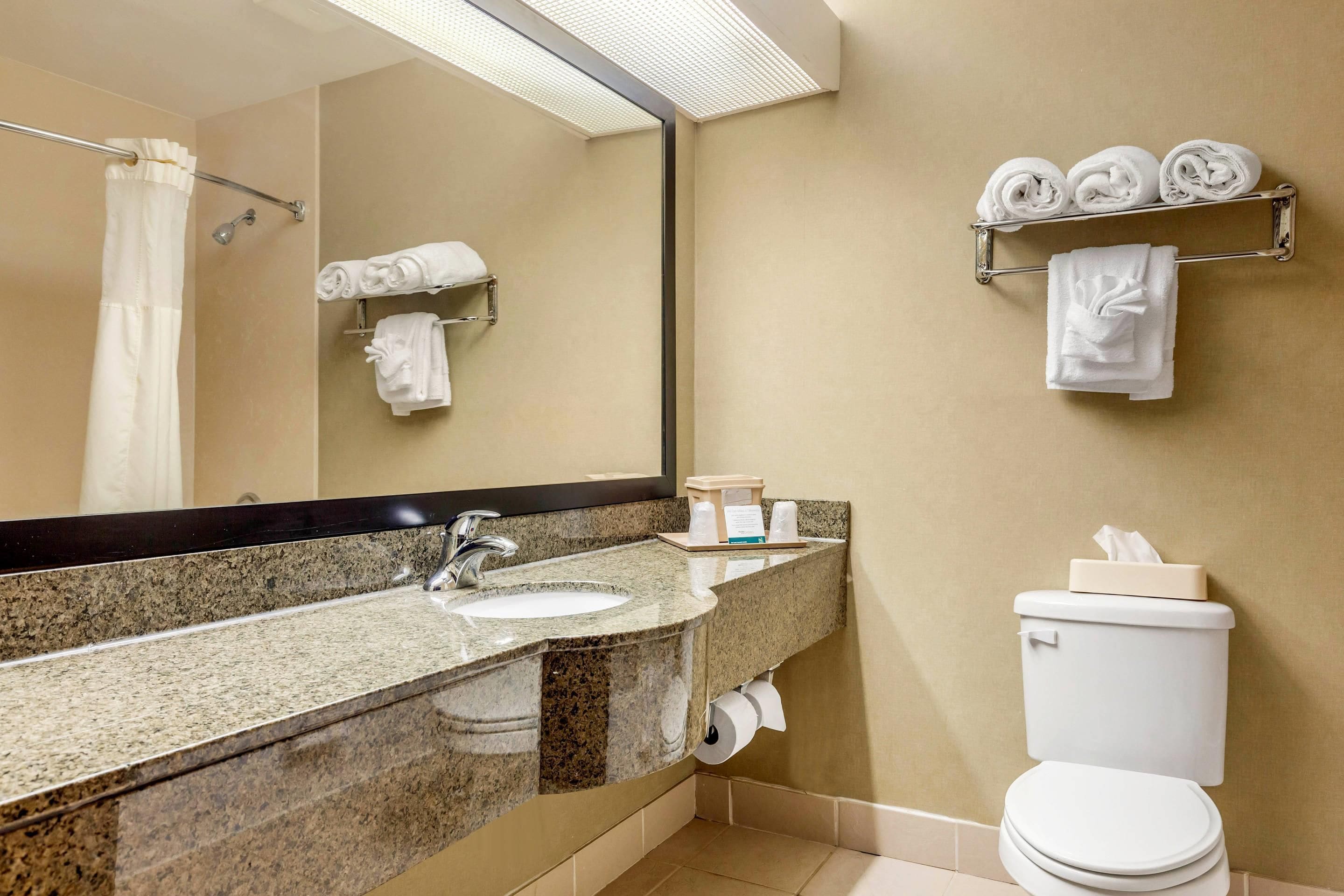 A bathroom with a granite countertop sink, a mirror, a toilet, and a towel rack with neatly folded towels.