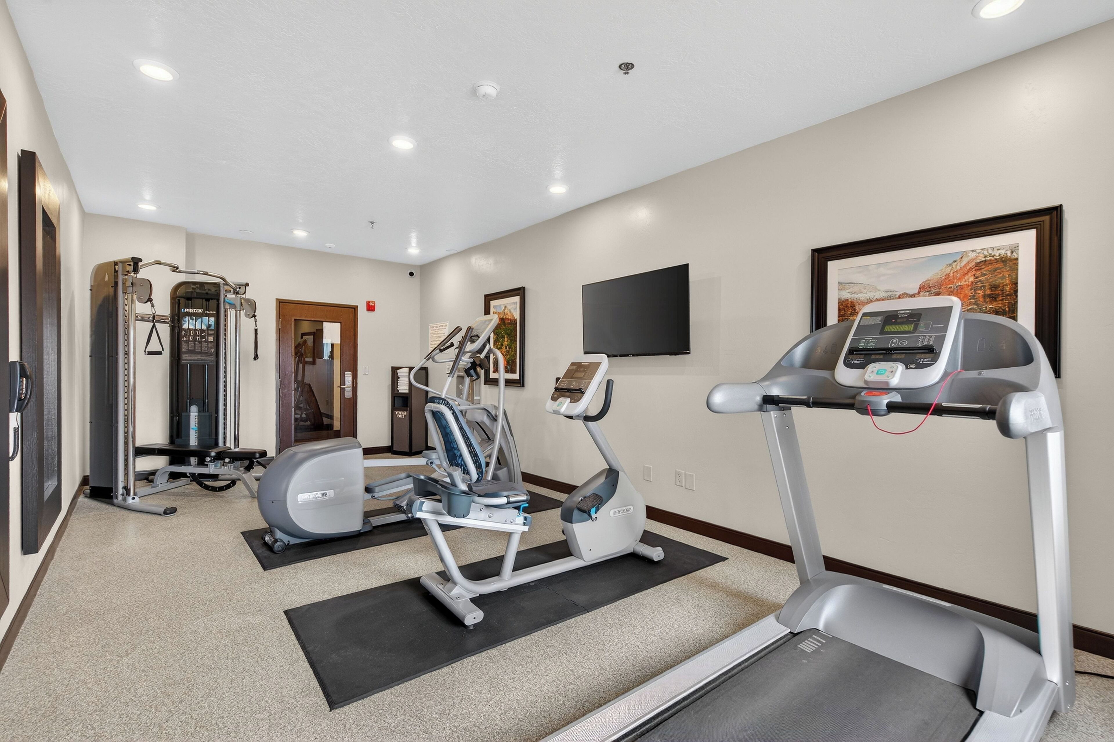 A fitness center with treadmills, elliptical machines, and weightlifting equipment.