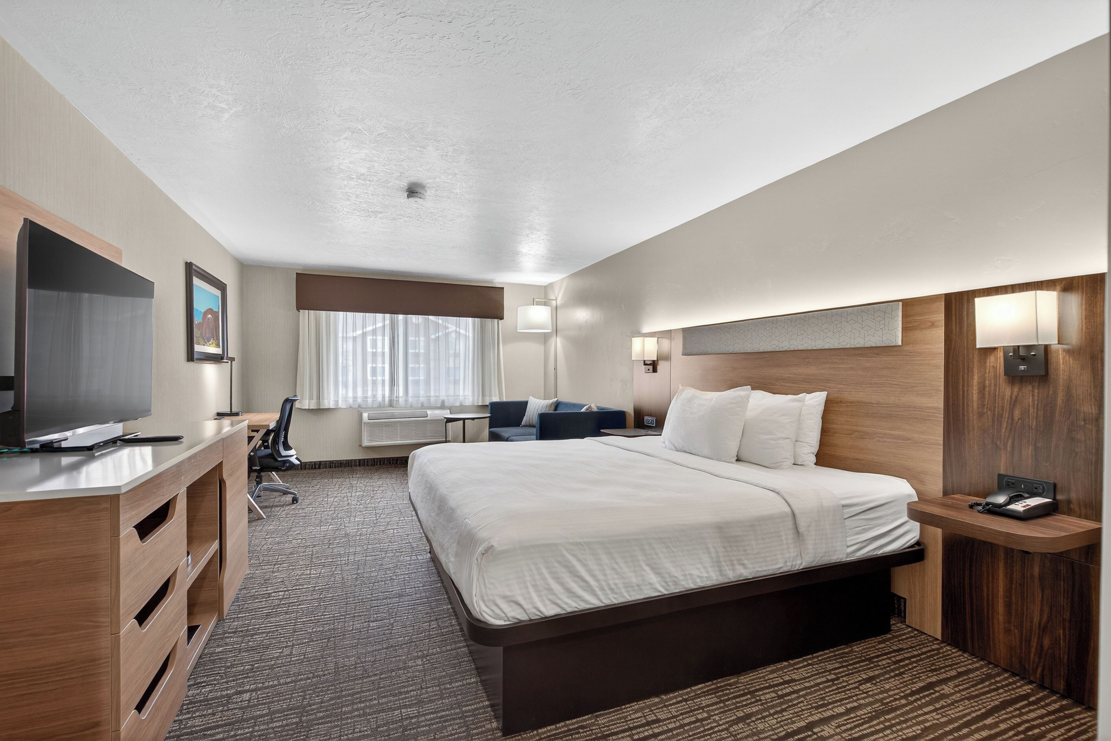 Habitación de hotel con una cama grande, un escritorio con televisor de pantalla plana, una silla, una lámpara de escritorio y un teléfono montado en la pared.
