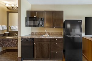 A compact kitchen with a built-in dishwasher, a microwave, a refrigerator, and a sink.