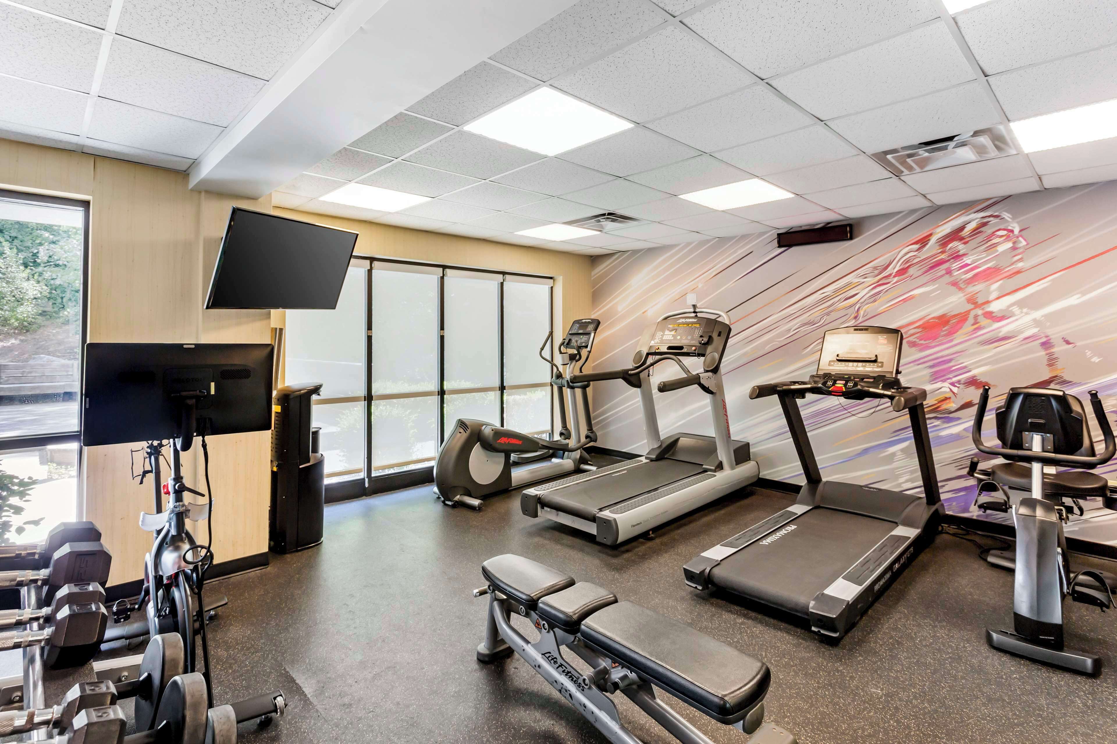 A gym with treadmills, elliptical machines, and weight benches.