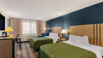 Desk, laptop workspace, blackout curtains, iron/ironing board