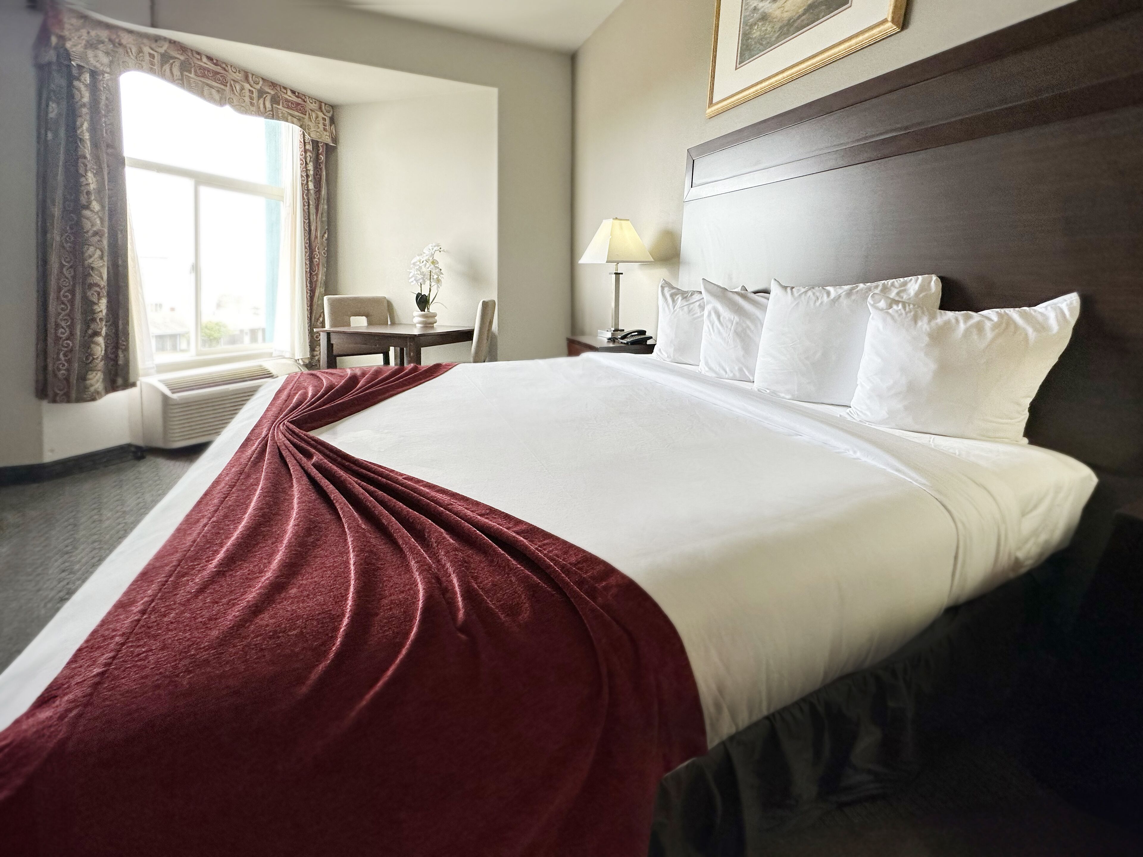 A hotel room with a large bed, a bedside table, a lamp, and a window with curtains.