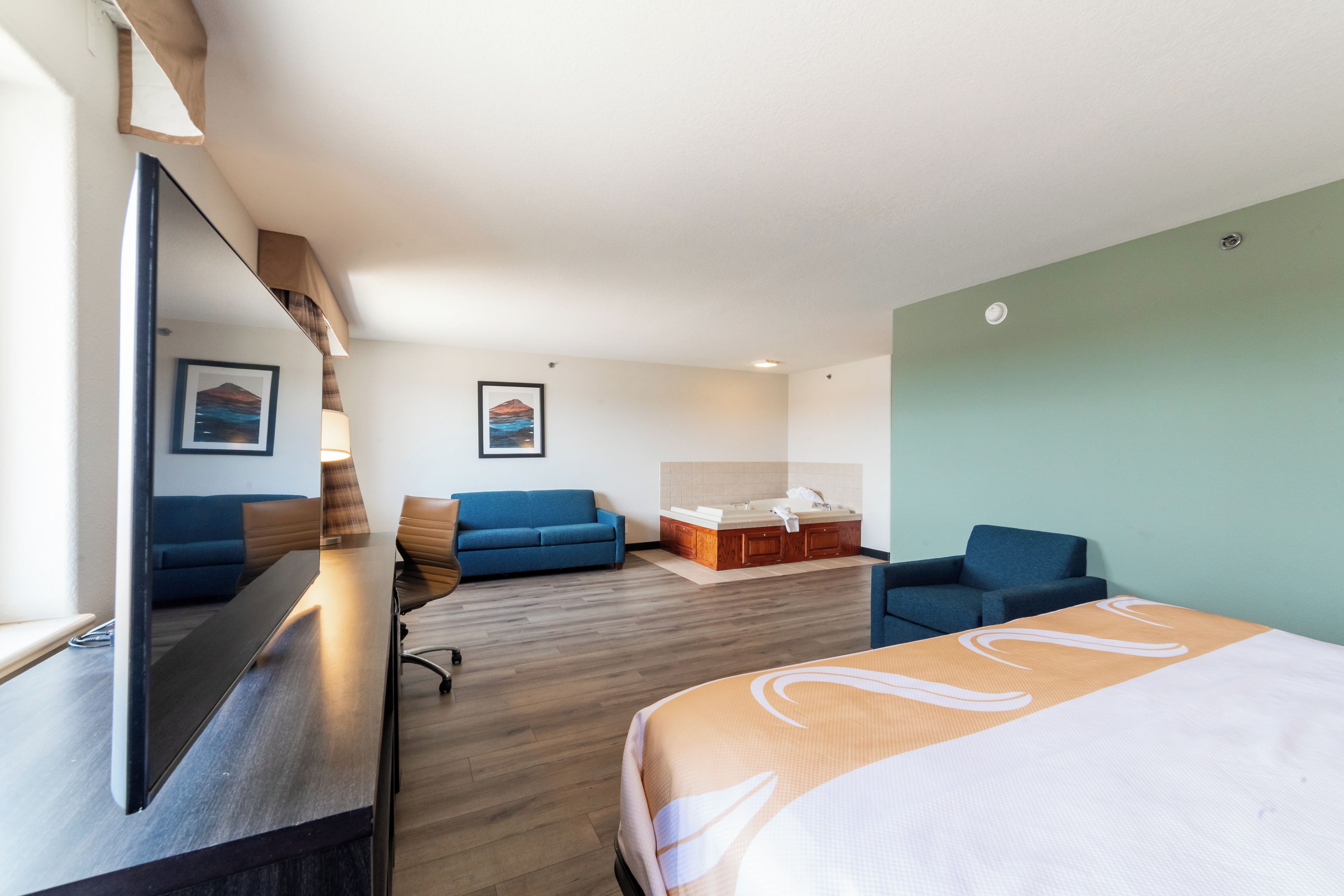 A hotel room with a bed, a desk, a sofa, and a bathroom with a bathtub.