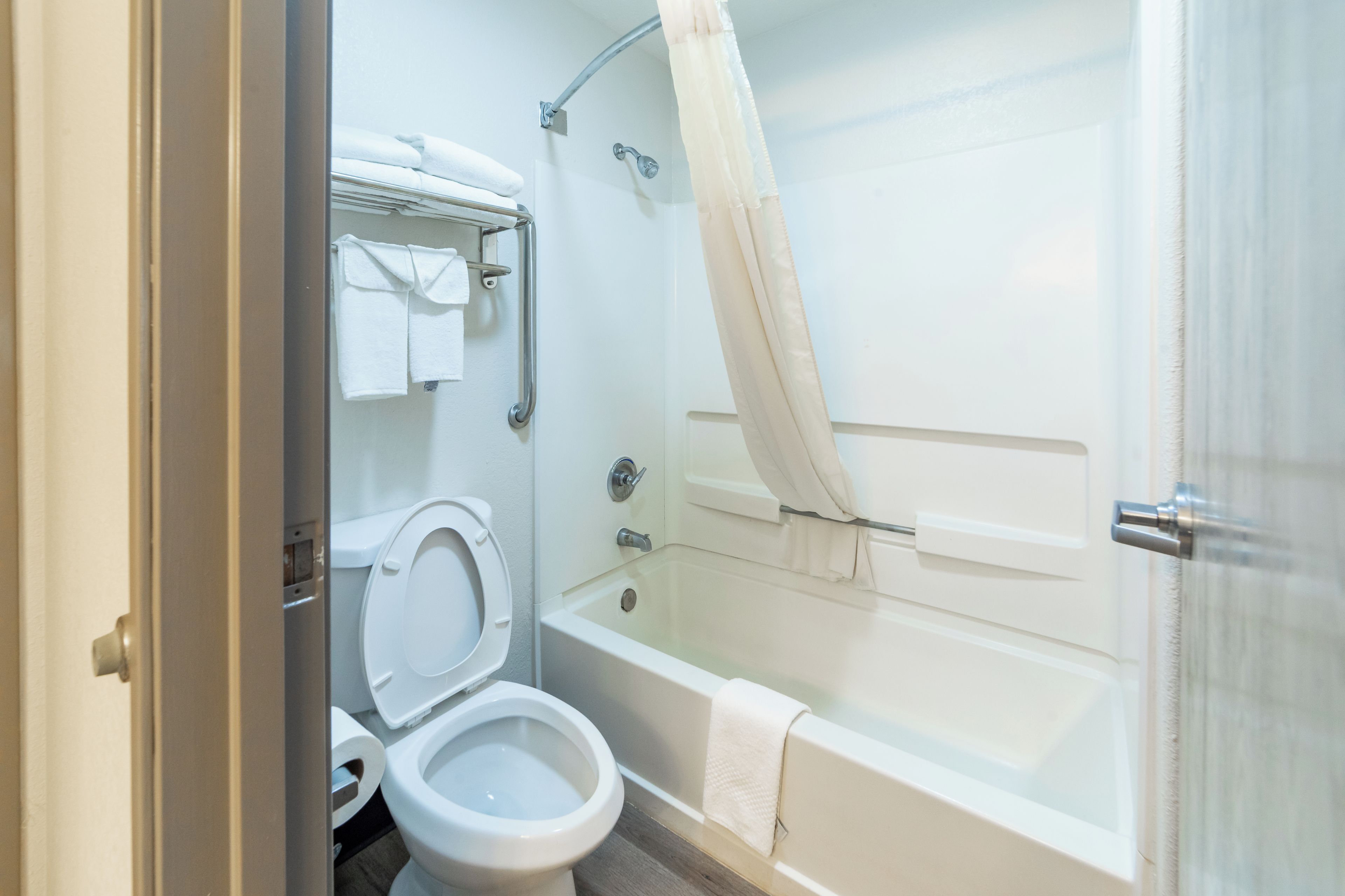 A bathroom with a toilet, a bathtub, and a shower curtain.