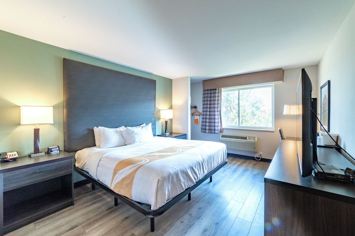 Una habitación de hotel con cama, mesitas de noche, escritorio, televisor y ventana.