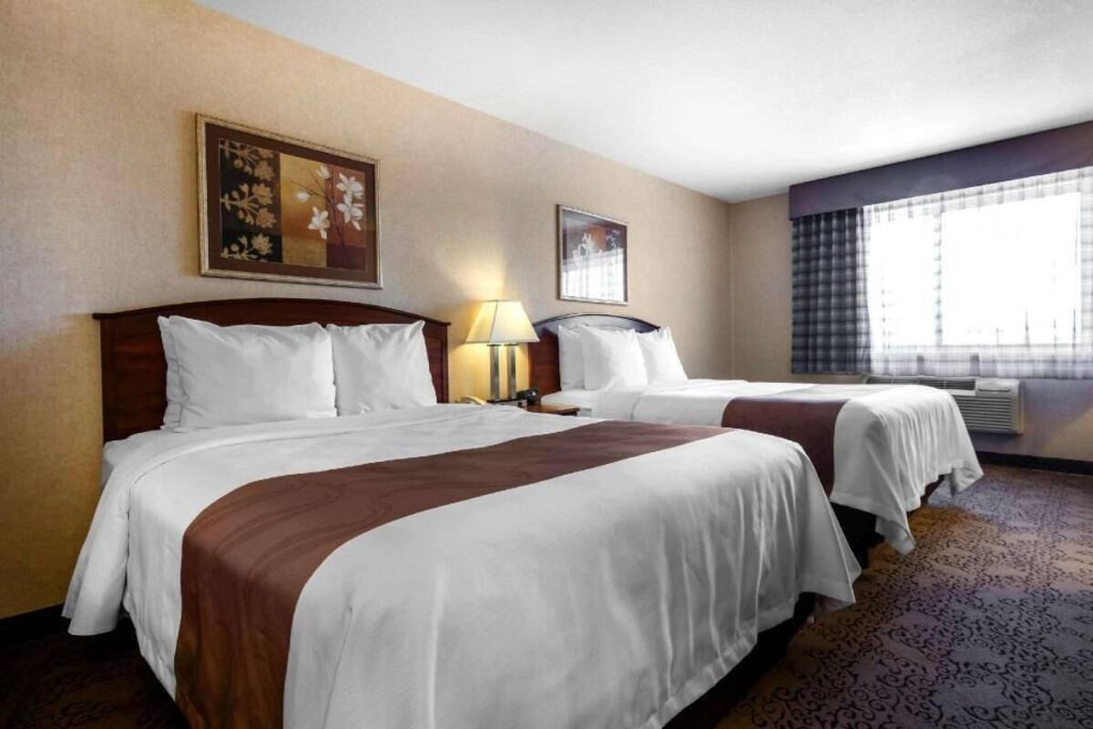 A hotel room with two beds, a lamp, a painting, and a window with curtains.