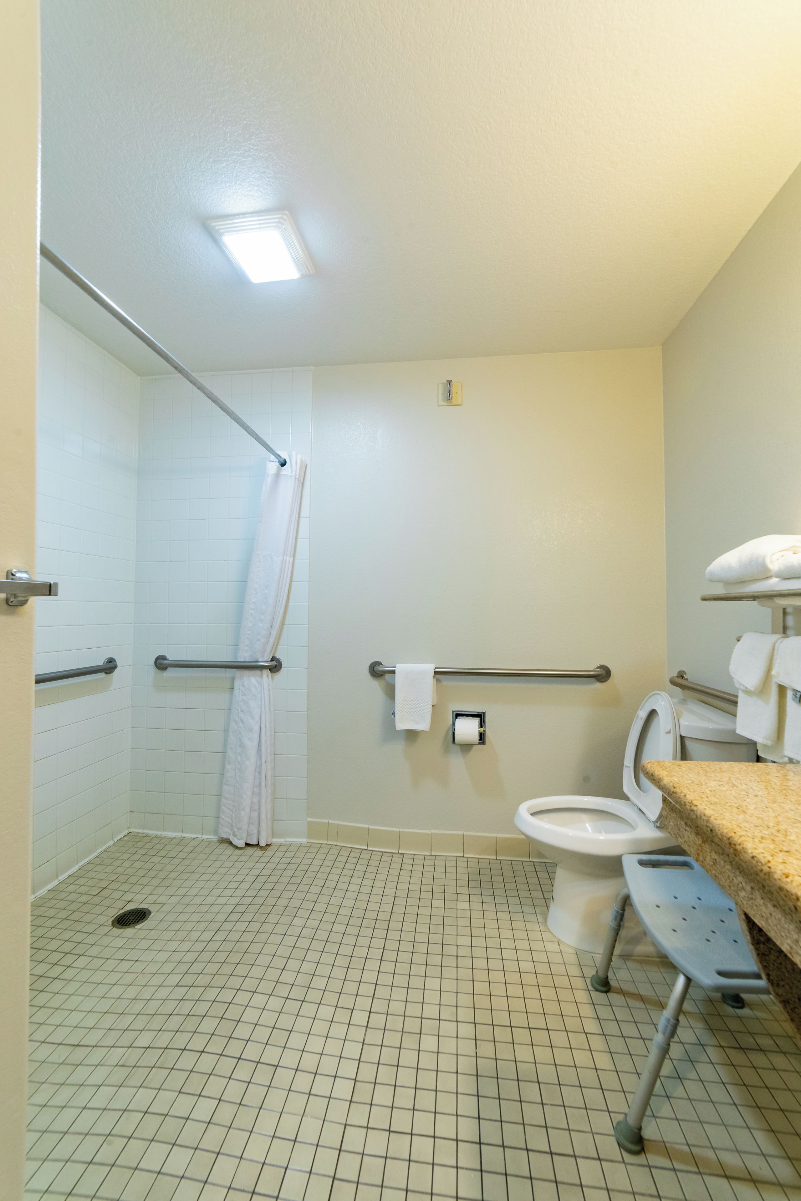Un baño con ducha, inodoro y barras de apoyo.