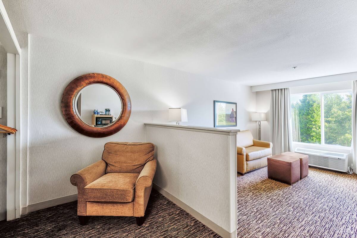 Una habitación de hotel con un sillón marrón, un espejo redondo, una mesita con lámpara, un sofá color crema y una ventana con vistas a zonas verdes.
