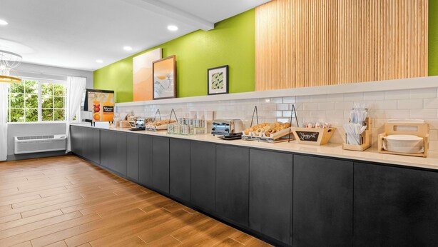 A modern kitchen with a long counter, various food items, and a green accent wall.