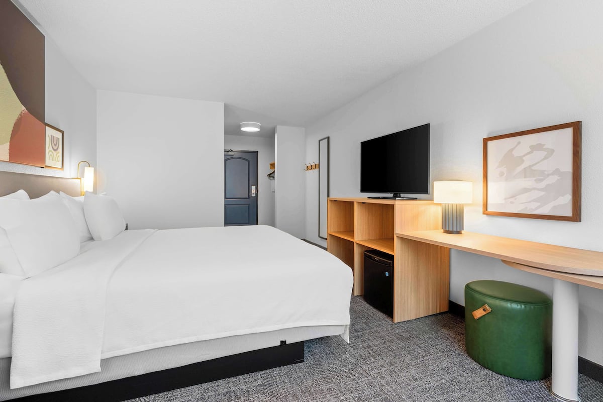 A hotel room with a bed, a TV, a desk with a lamp, and a trash bin.