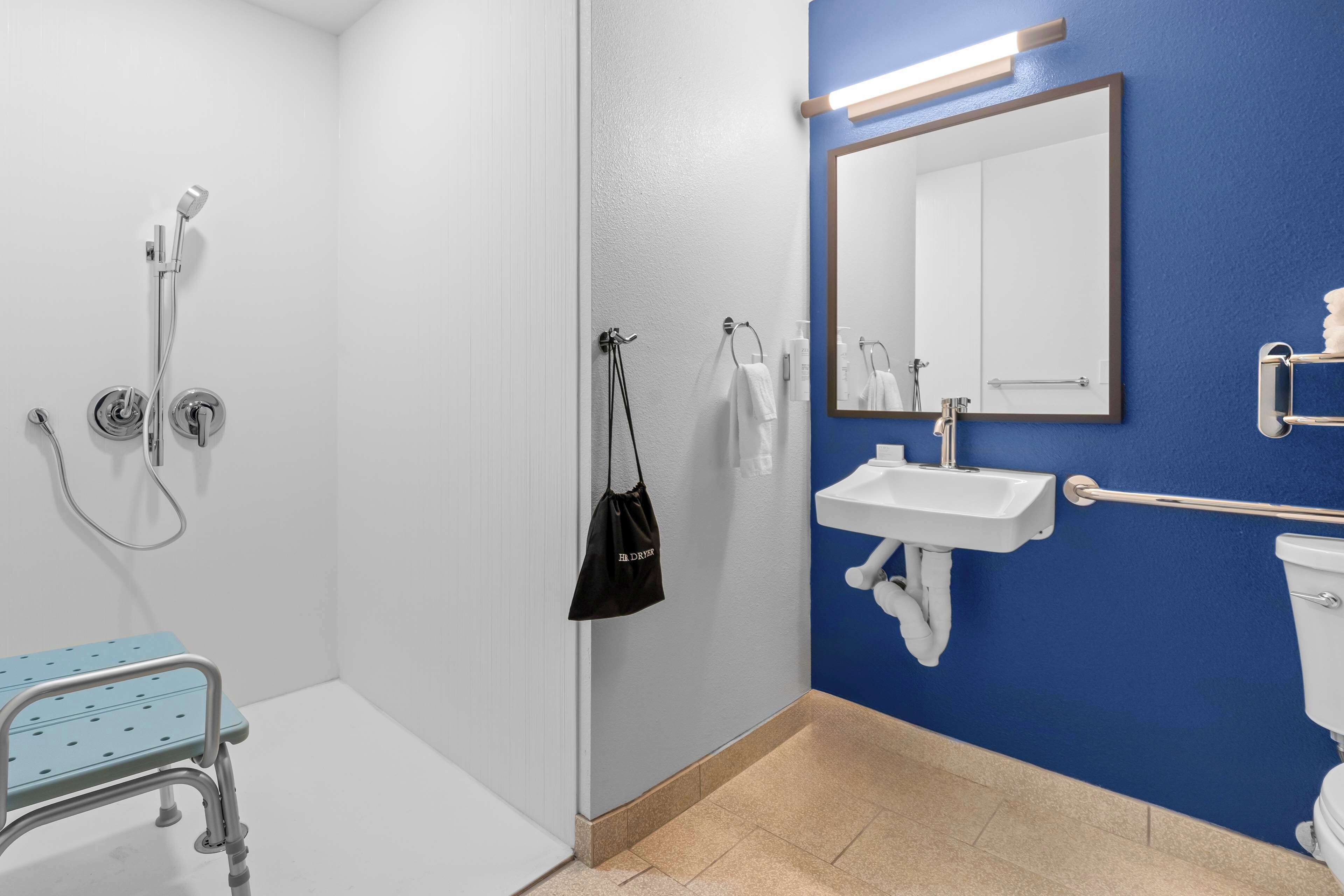 A bathroom with a shower, a sink, a toilet, and a wheelchair-accessible bench.