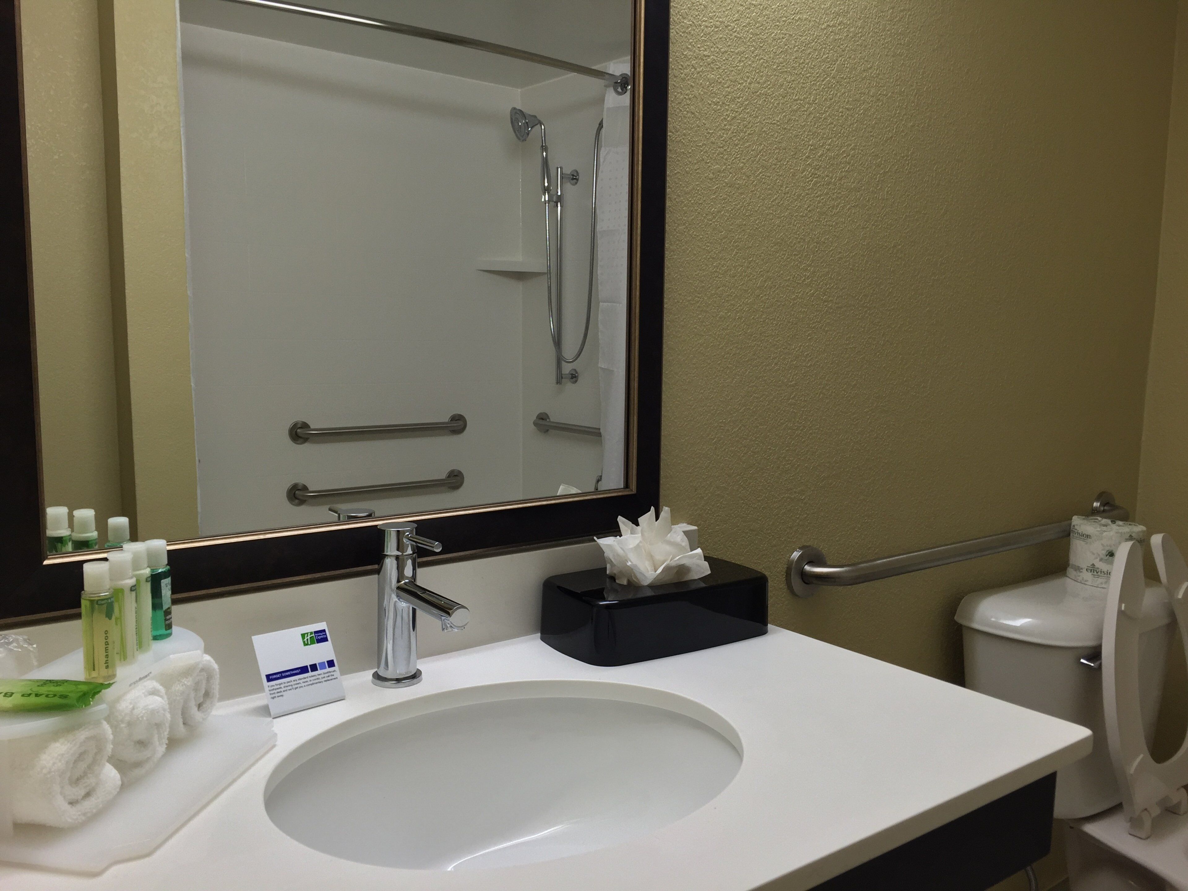 Un baño de hotel con lavamanos, espejo, barras de apoyo y un inodoro.