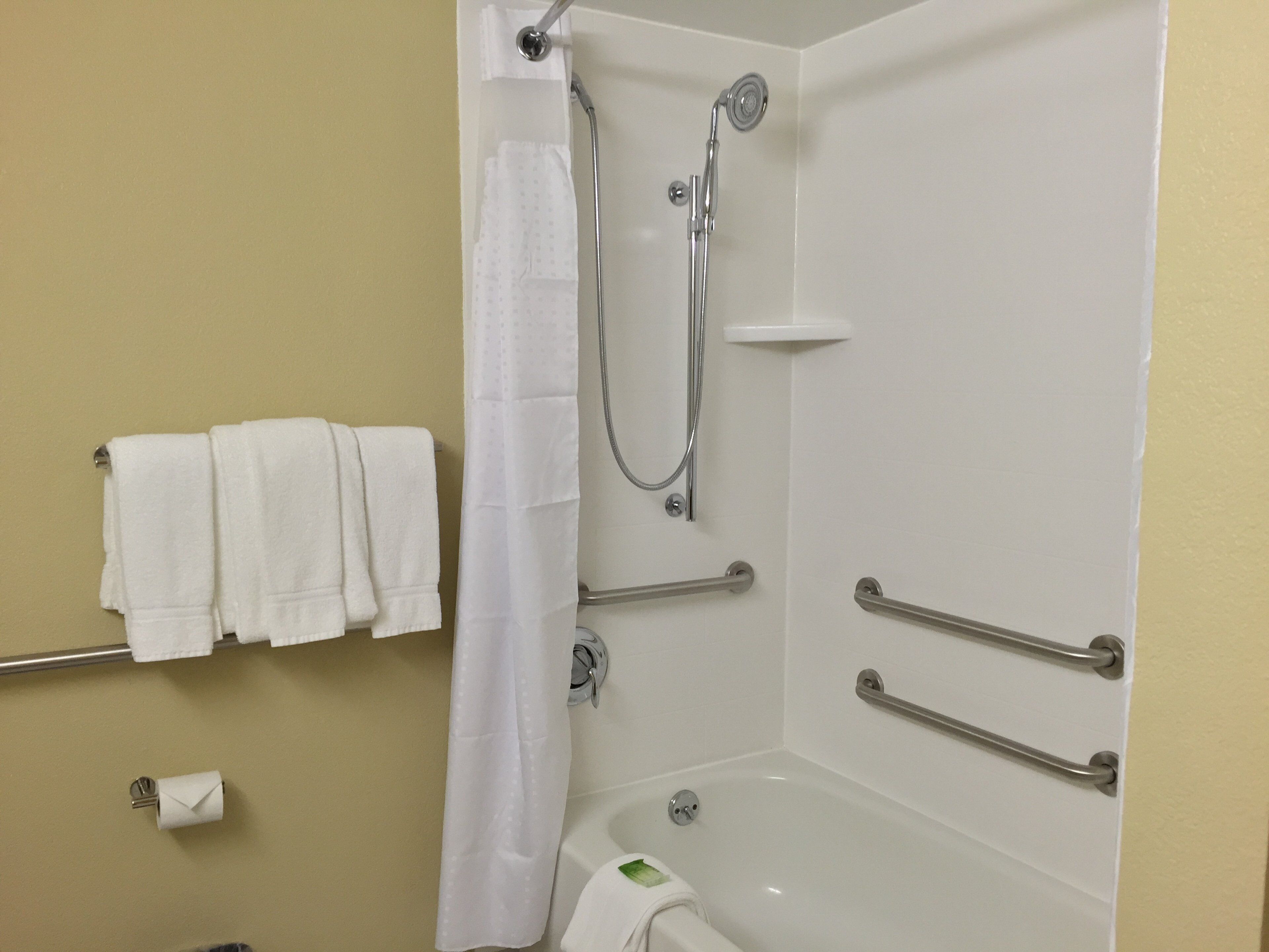 Une salle de bain équipée d’une douche, d’une baignoire et de barres d’appui.