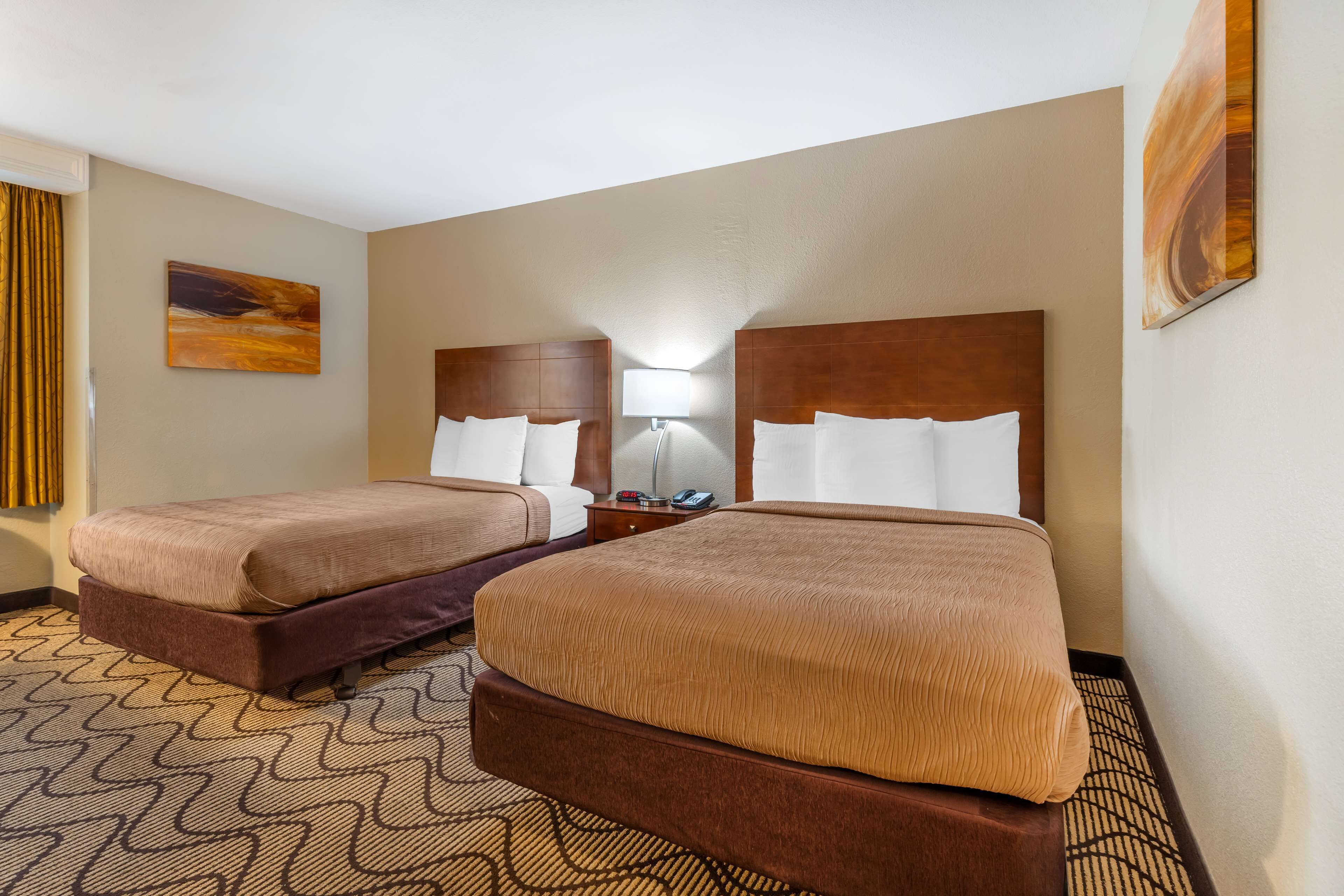 Habitación de hotel con dos camas, alfombra estampada, mesita de noche con lámpara y un cuadro en la pared.