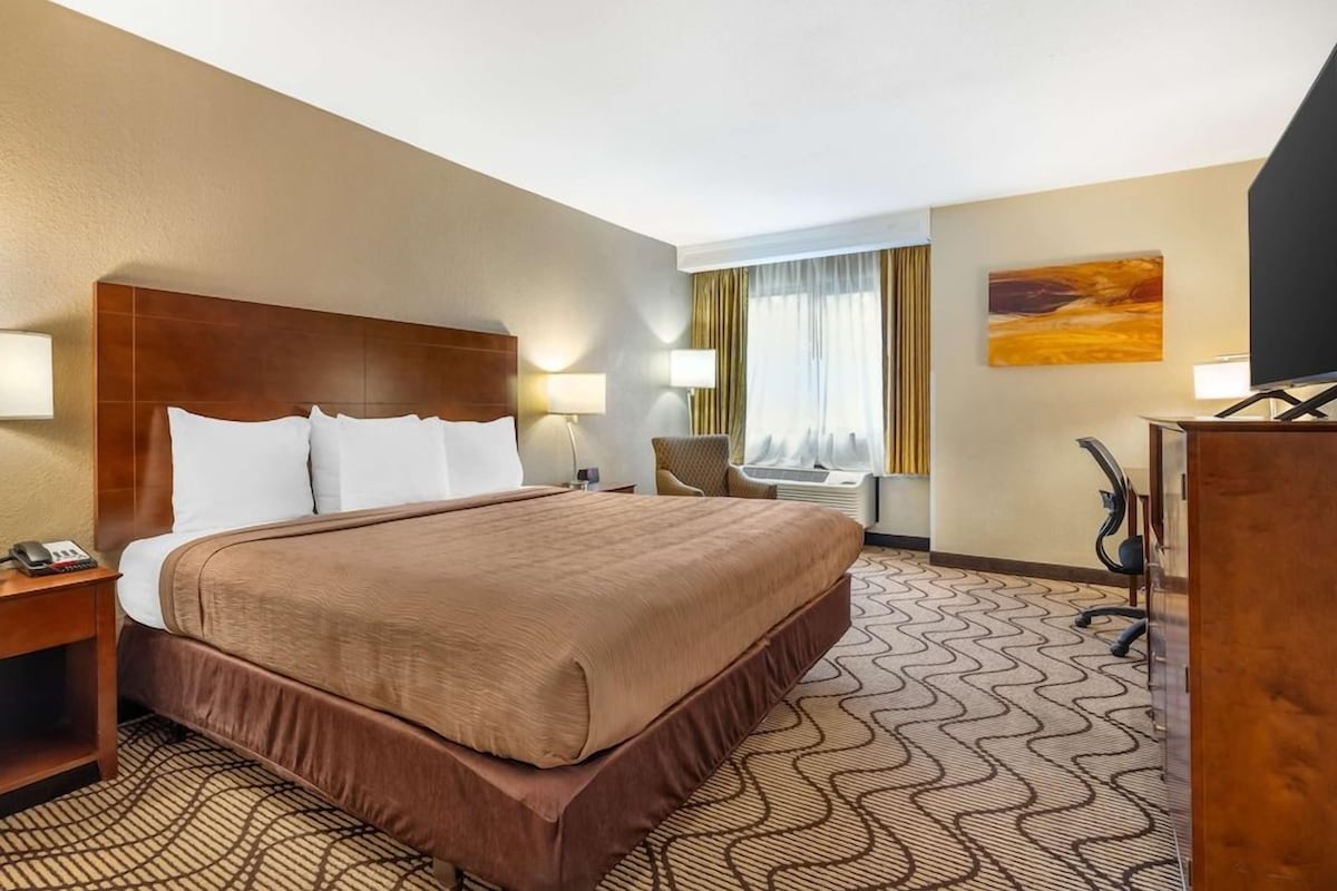 A hotel room with a large bed, a desk, a chair, a lamp, a TV, and a painting on the wall.