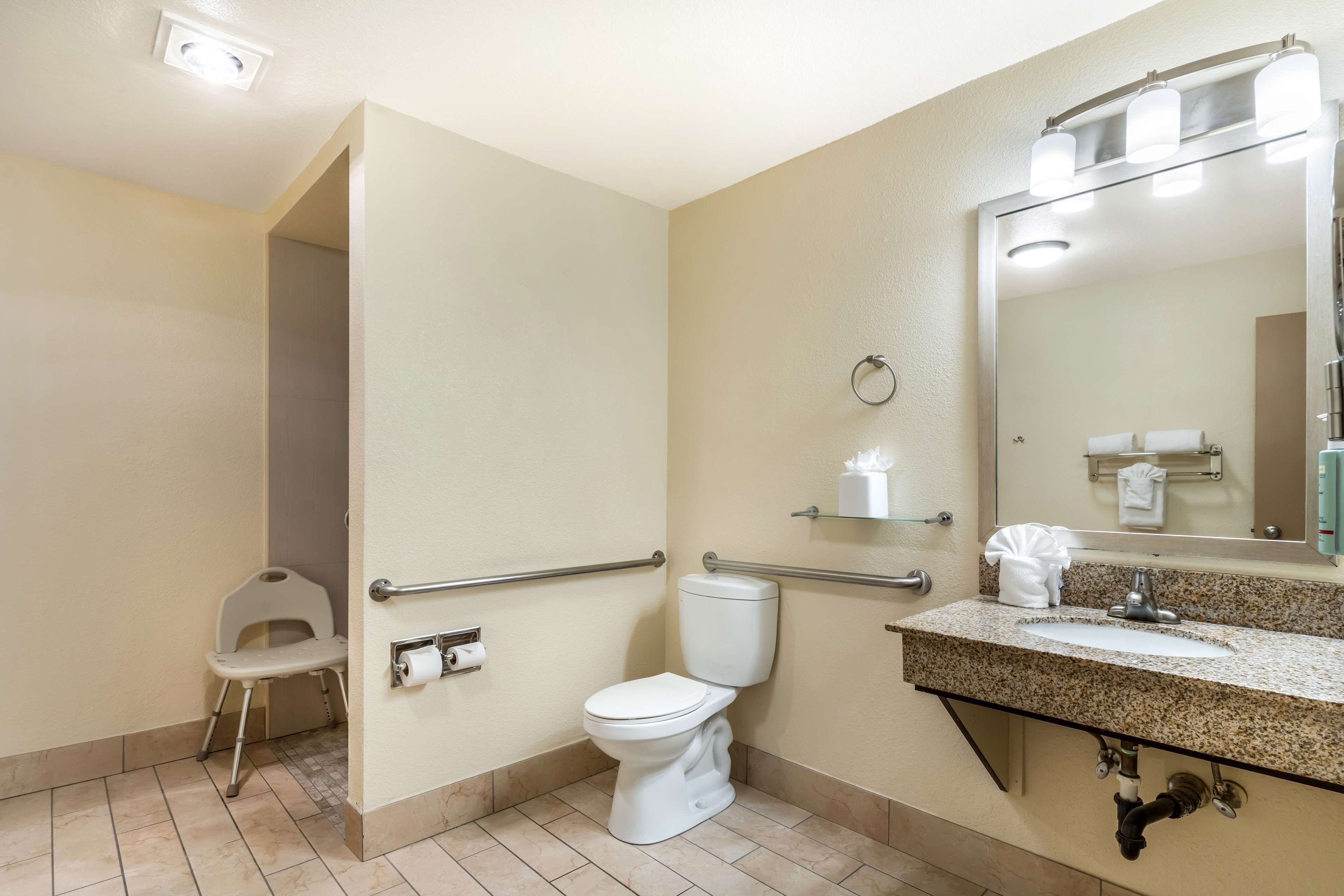 A bathroom with a toilet, sink, mirror, and handrails.