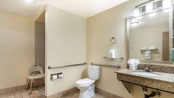 A bathroom with a toilet, sink, mirror, and handrails.