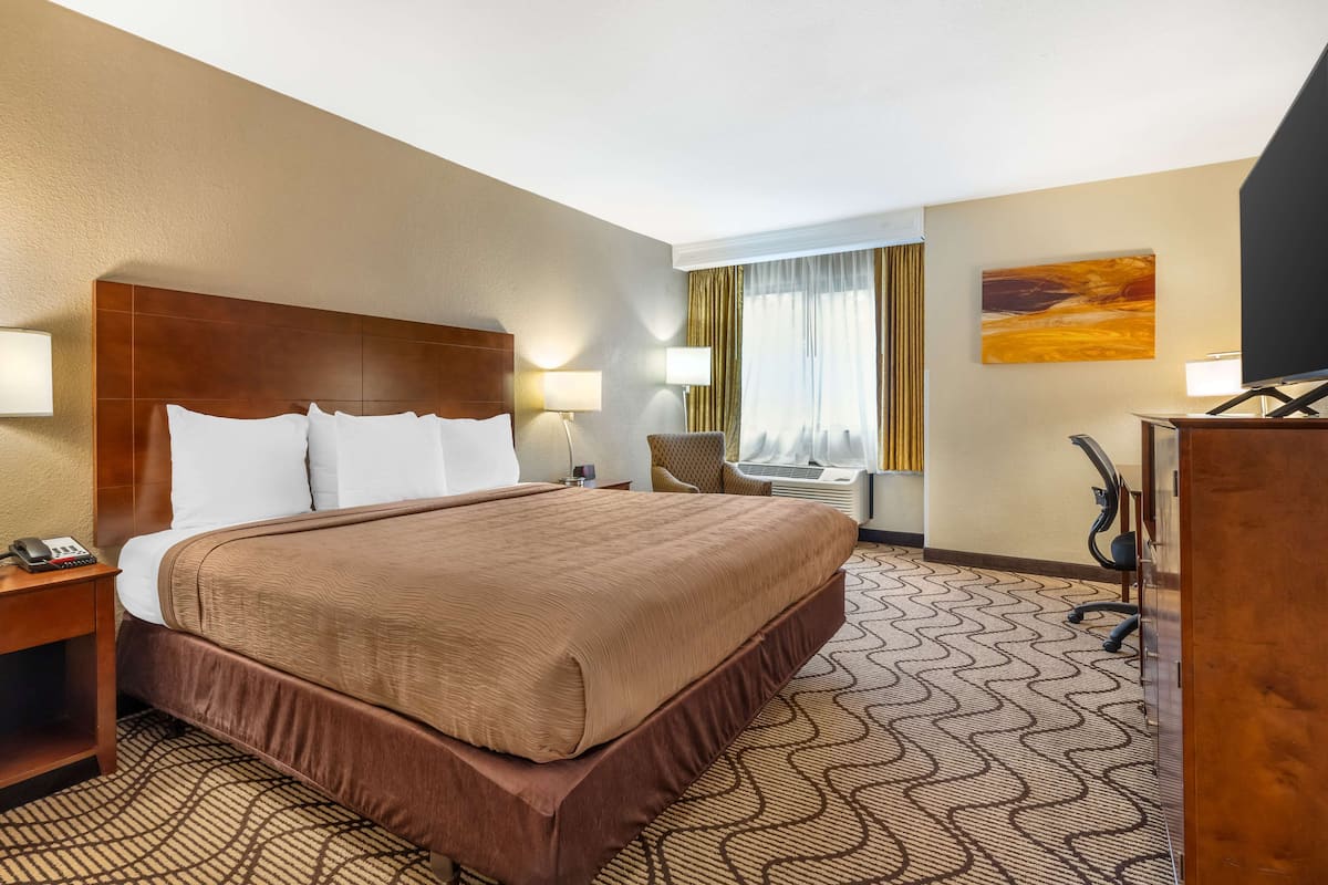 A hotel room with a large bed, a desk, a chair, and a television.
