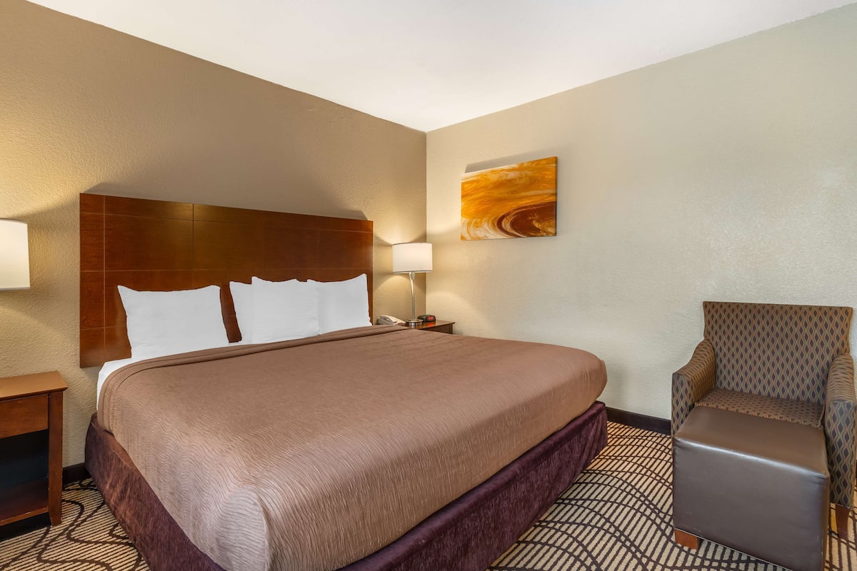 A hotel room with a large bed, a nightstand, a lamp, a chair, and a wall art piece.