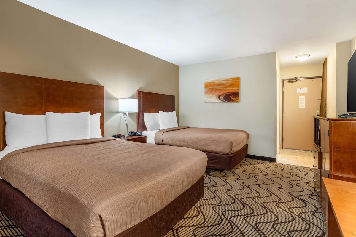 A hotel room with two beds, a desk, a lamp, a painting, and a patterned carpet.