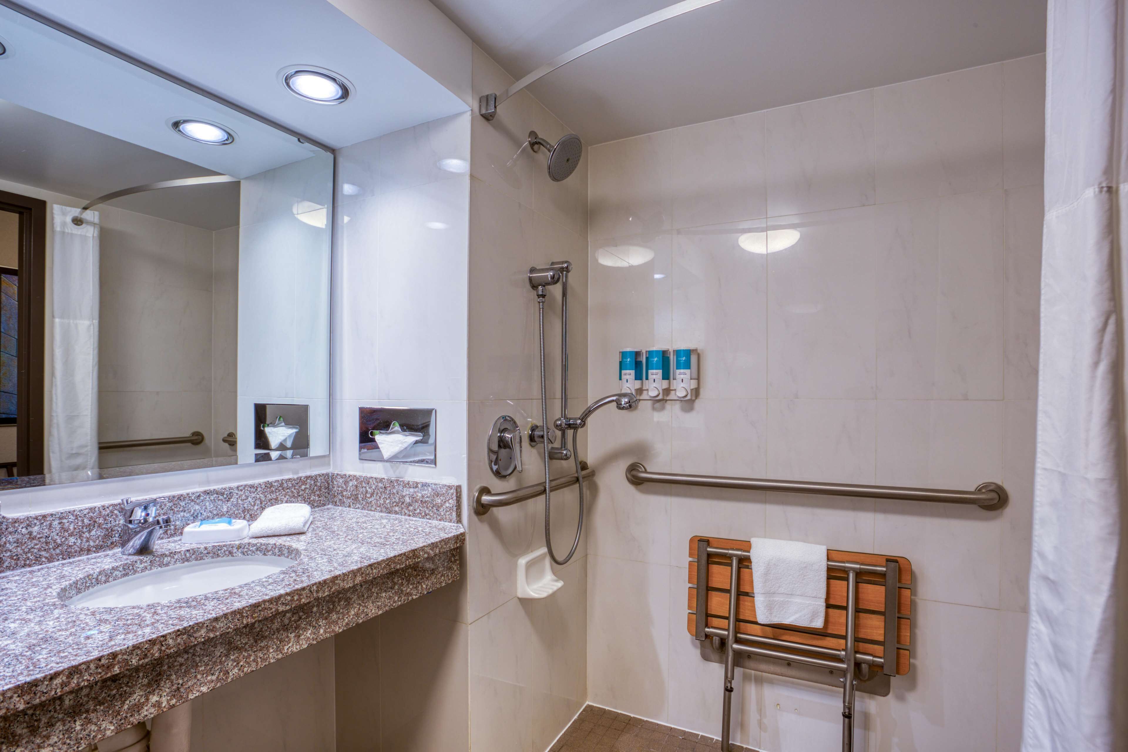 A bathroom with a granite countertop sink, a mirror, a shower with a handheld showerhead, and a grab bar.